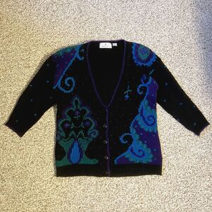 Vintage Maggie Lawrence Cardigan Sweater Floral Embroidery Black Boho Artsy Sz M